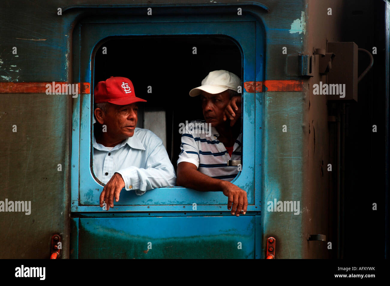 Cuba Havana Habana Vieja machinist in a locomotive at the railway station Stock Photo