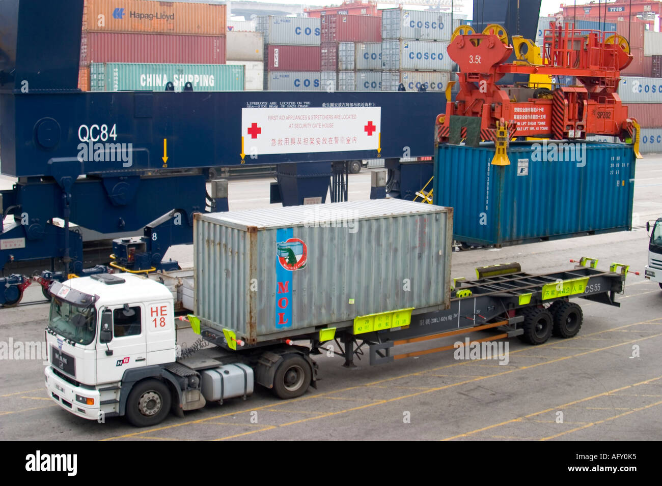 Container Shipping Trucks on dock receive unloaded containers from ship ...