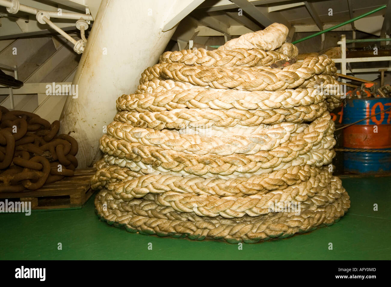 massive coil of rope in bow of container ship Stock Photo - Alamy