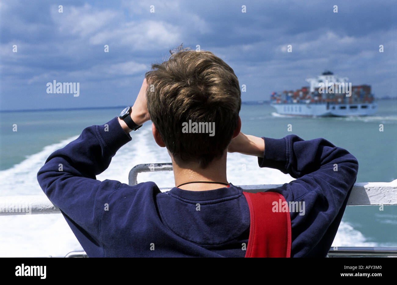 Passenger onboard a Stena Line north sea car ferry leaving the port of Harwich in Essex. Stock Photo