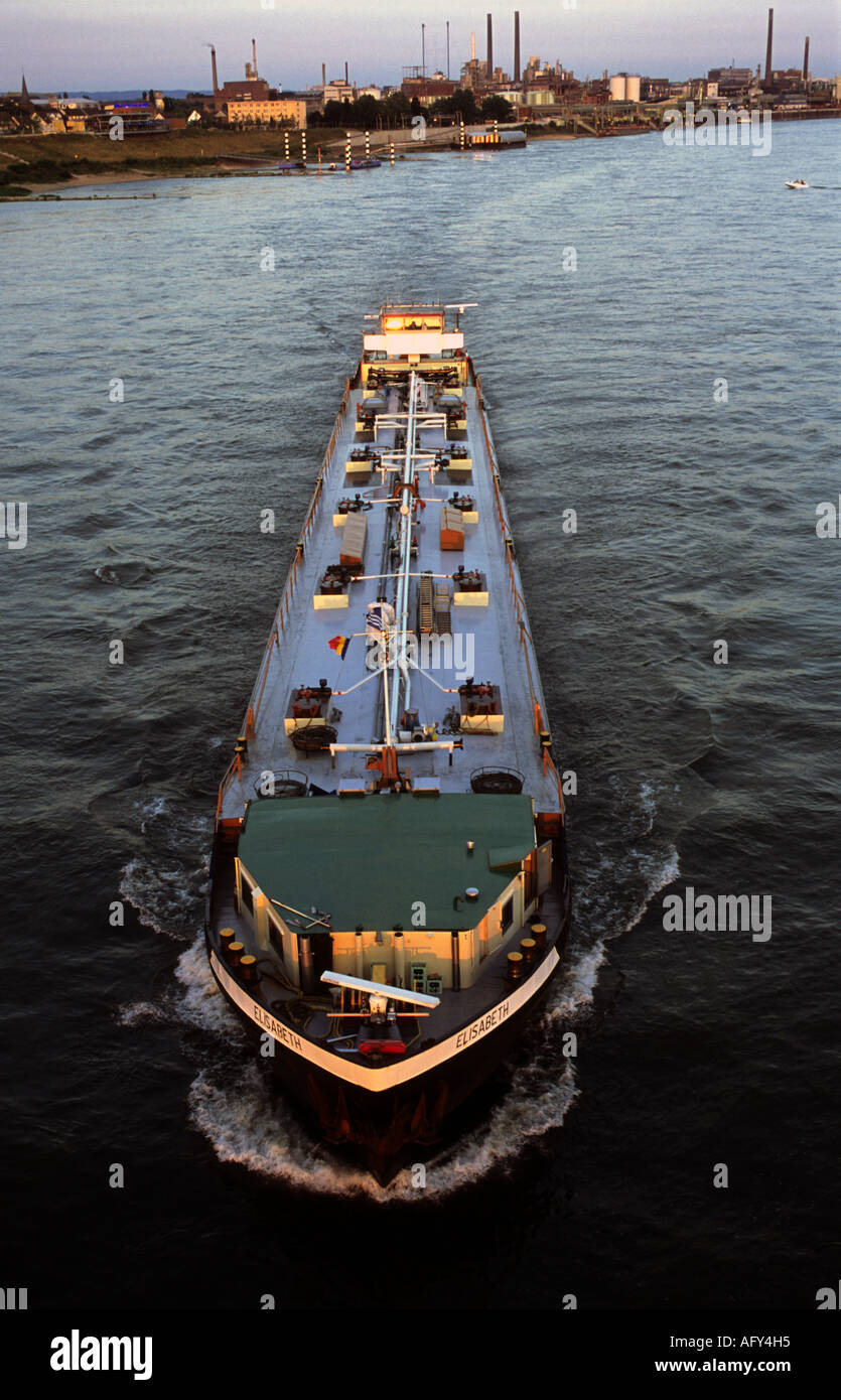 Commercial oil tanker barge on the river Rhine, Leverkusen, North Rhine-Westphalia, Germany. Stock Photo