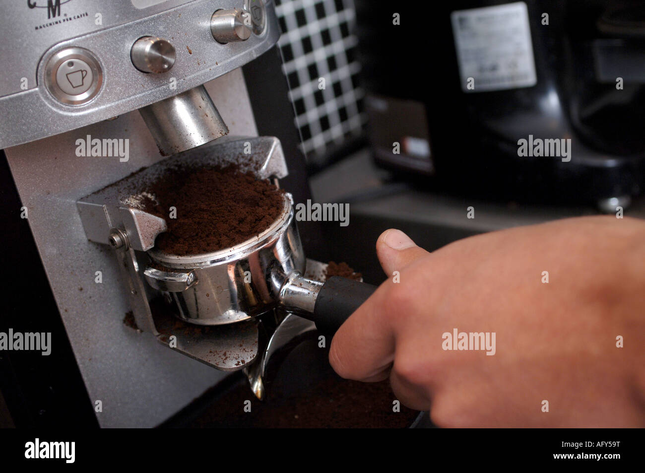 Coffee being made at Origin Coffee in Constantine, Cornwall, UK Stock