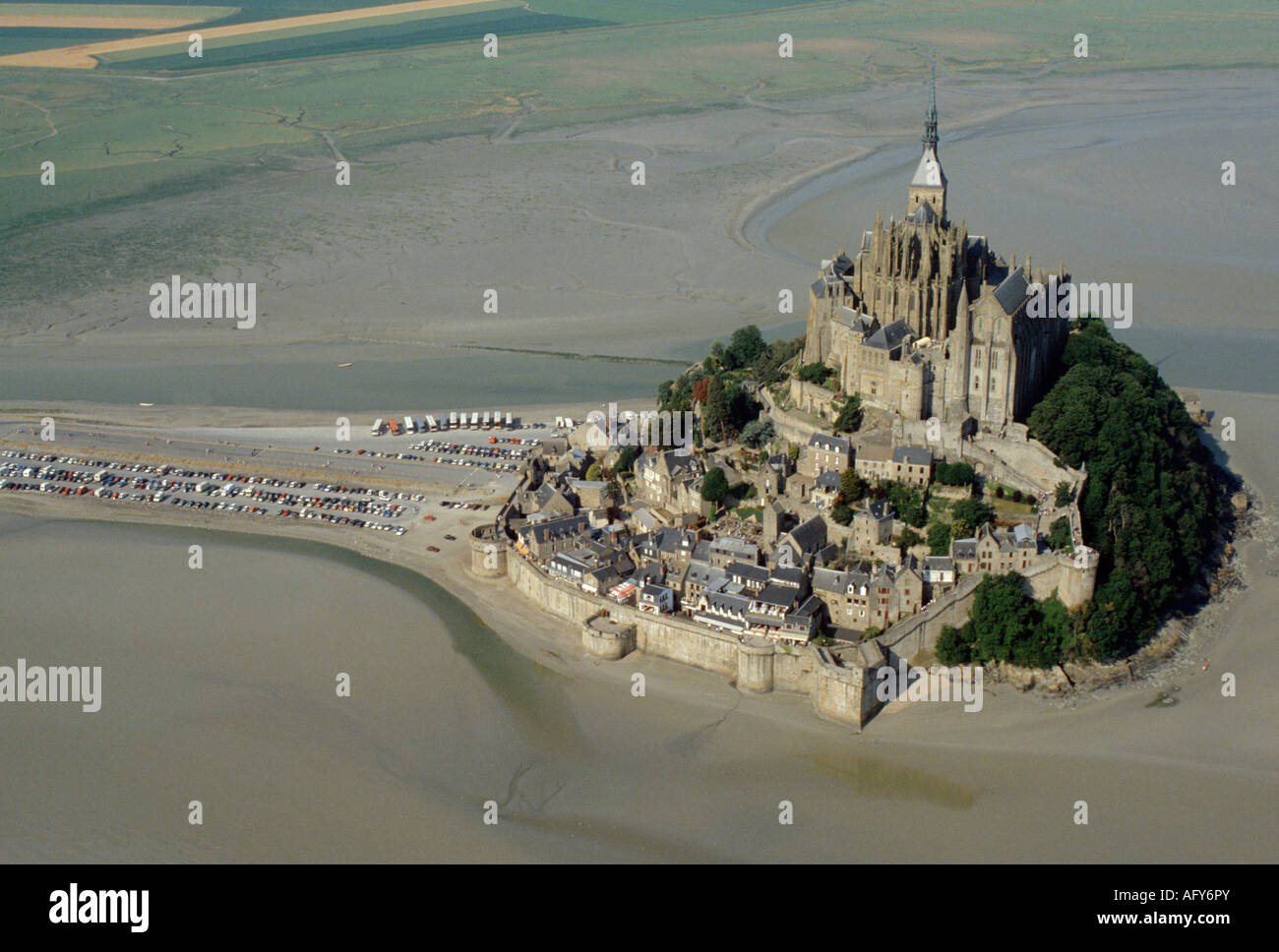 aerial view ,aerien,aerial,vue aerienne, mont st michel,Mont Saint Michel,( site classé patrimoine mondial de l'UNESCO), au mili Stock Photo
