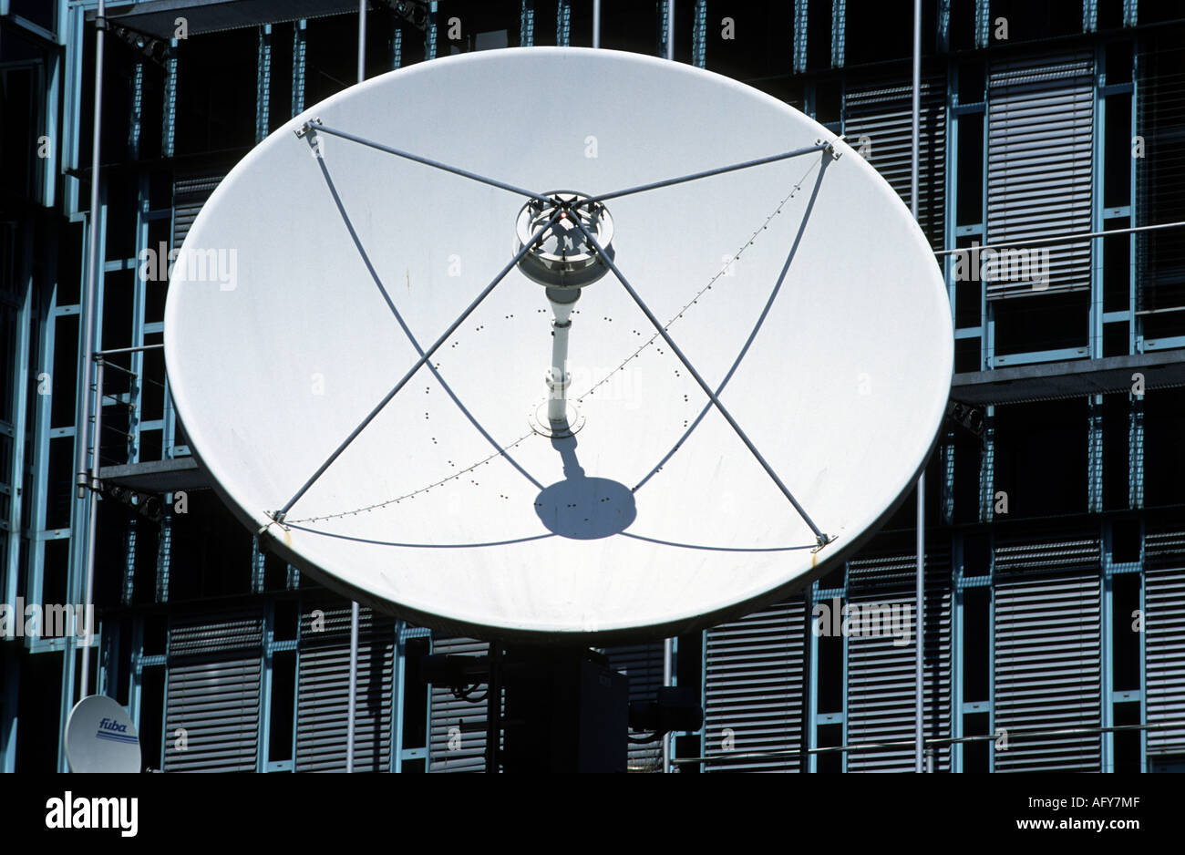 Satellite dish at the West Deutscher Rundfunk (WDR) TV and radio studios in Dusseldorf, Germany. Stock Photo