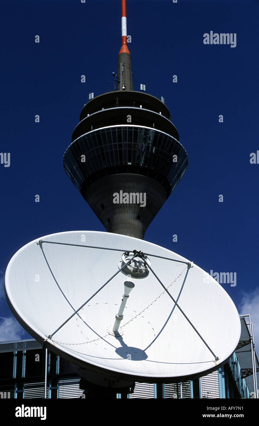 Satellite dish at the West Deutscher Rundfunk (WDR) TV and radio studios in Dusseldorf, Germany. Stock Photo