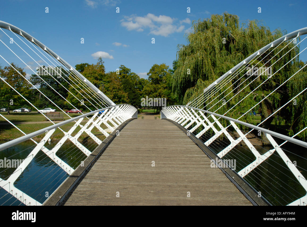 Close up view looking across the Butterfly Bridge over the River Great Ouse Bedford England Stock Photo