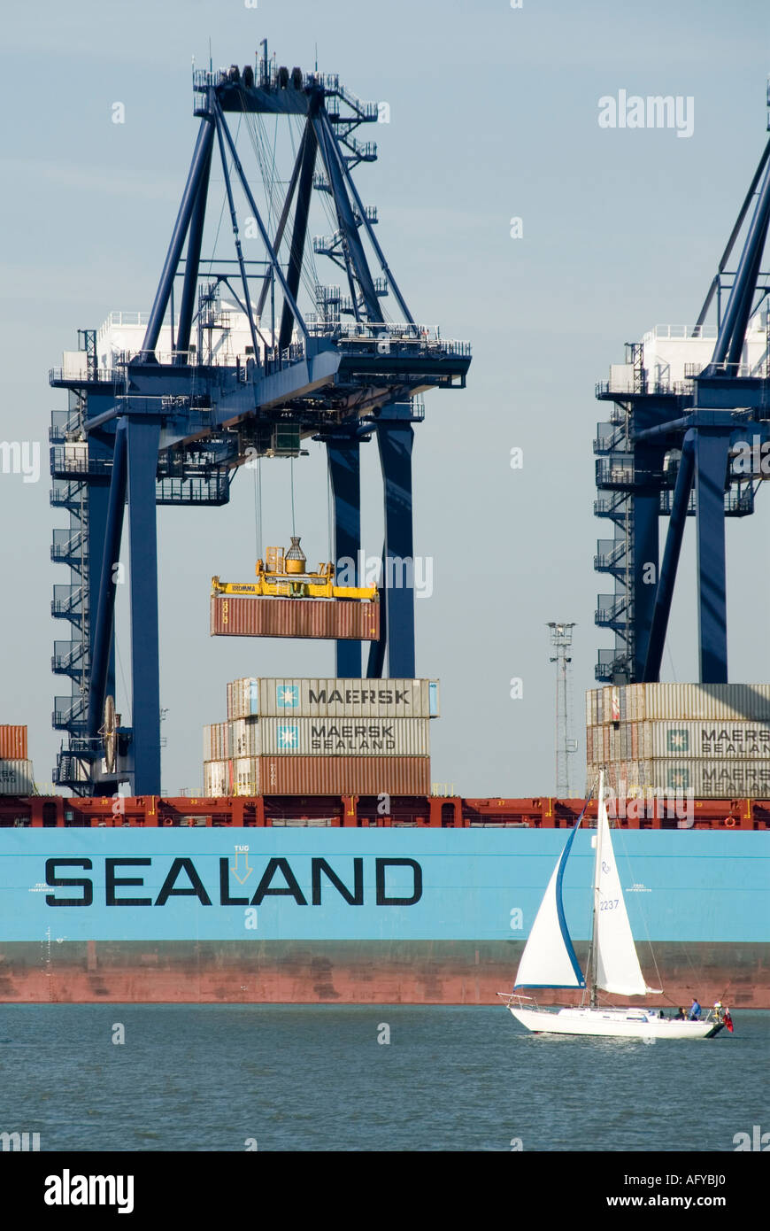 Port of Felixstowe sailing boat on River Orwell estuary passing