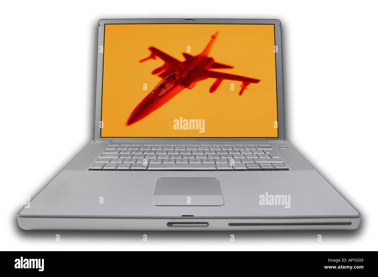LAP TOP NOTE BOOK PERSONAL COMPUTER WITH SCREEN DISPLAYING PICTURE OF RED JET FIGHTER AIRCRAFT Stock Photo