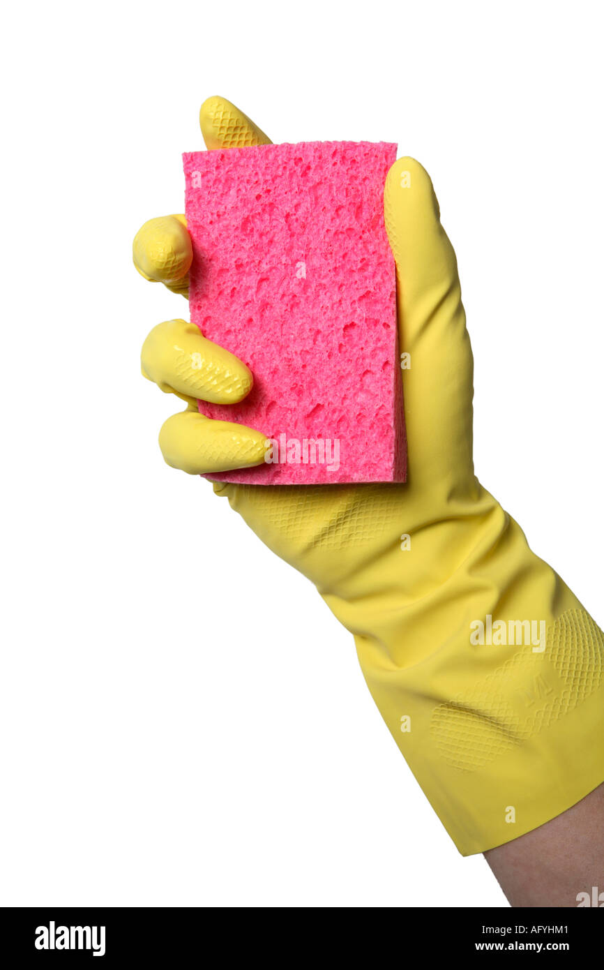 Hand in Yellow Rubber Glove Holding Sponge Stock Photo