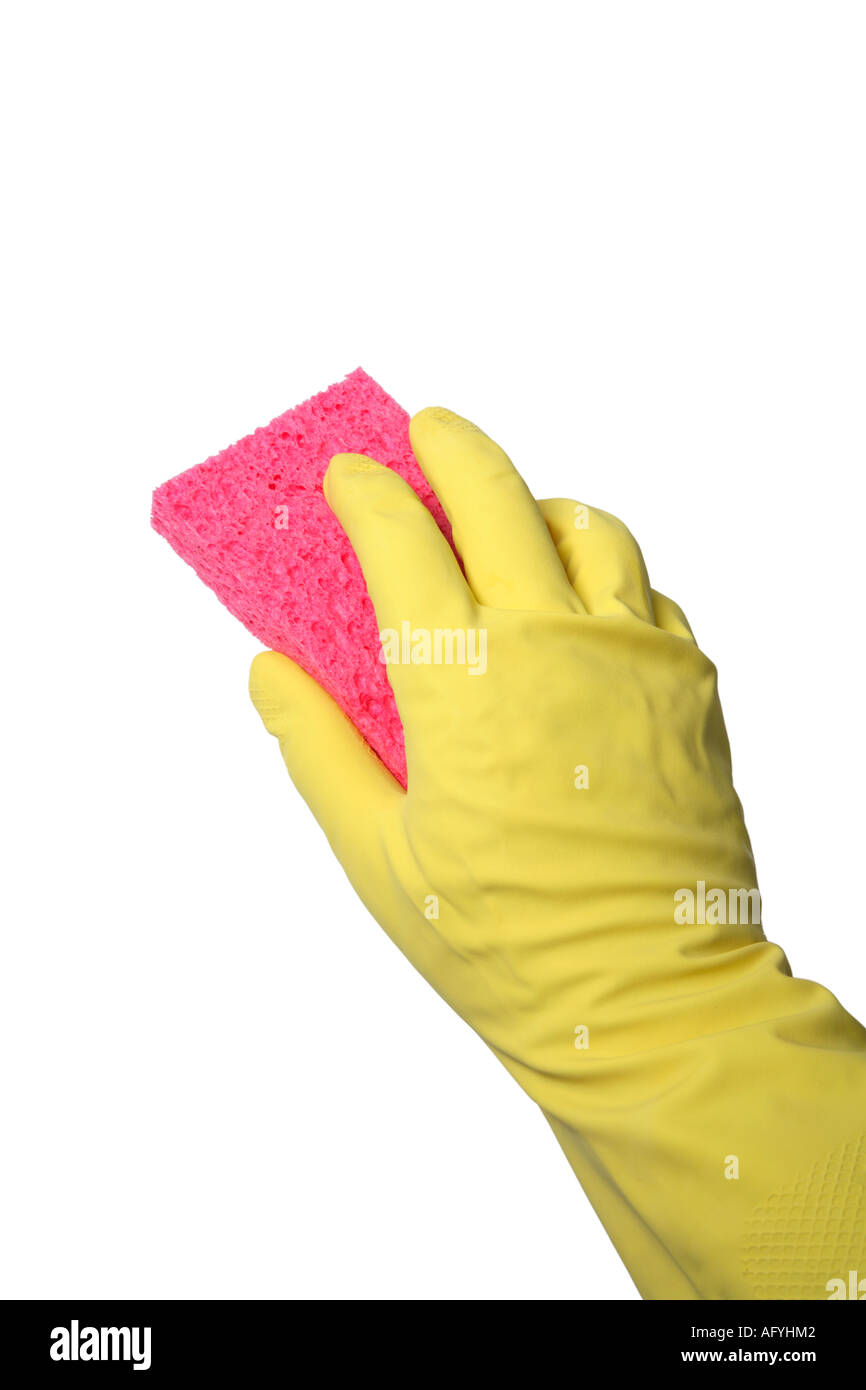 Hand in Rubber Glove with Sponge Stock Photo
