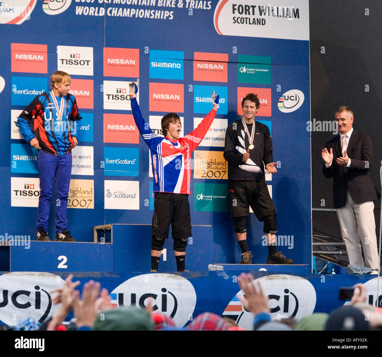 Winners of the Junior Mens downhill race at the UCI World Championships at Fort William 2007 Stock Photo