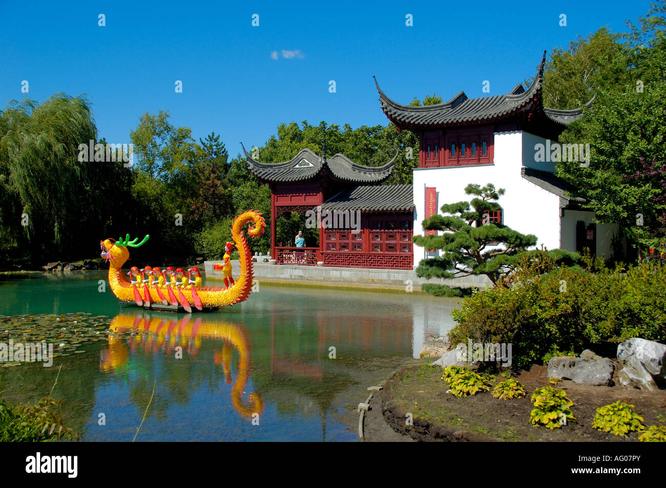The Stone Boat building at Dream Lake Chinese Garden Montreal Botanic Gardens Canada Stock Photo