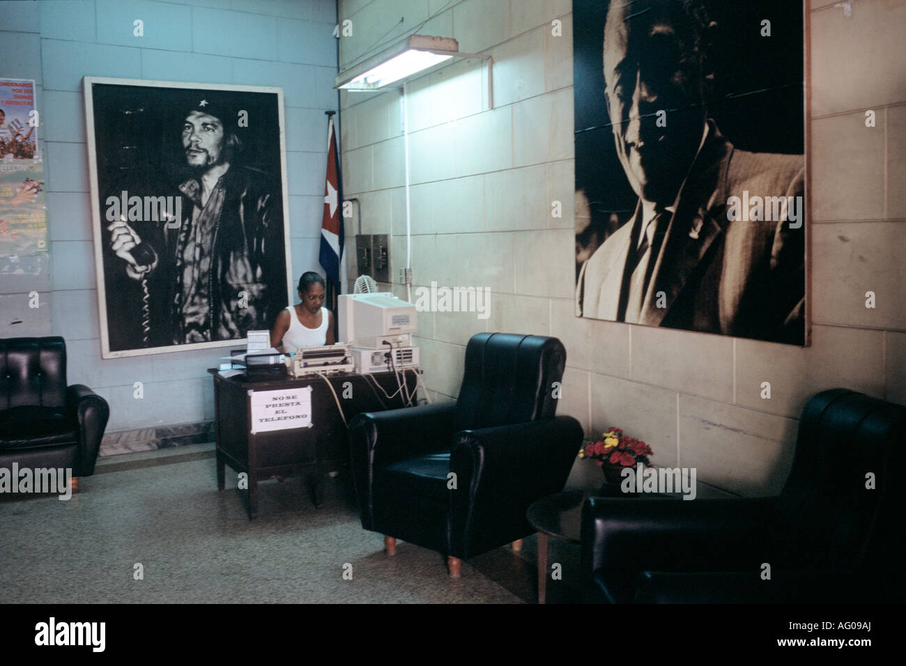 Woman working in an office at night below a large picture of Che Guevara Centro Habana Central Havana Cuba Stock Photo
