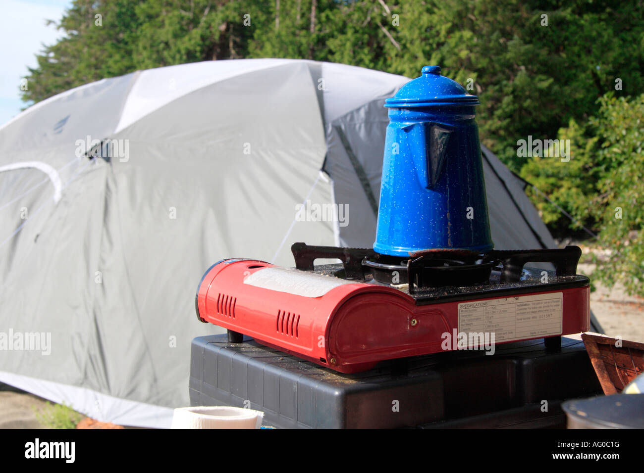 kettle on portable stove camping on beach clayoquot sound Stock Photo