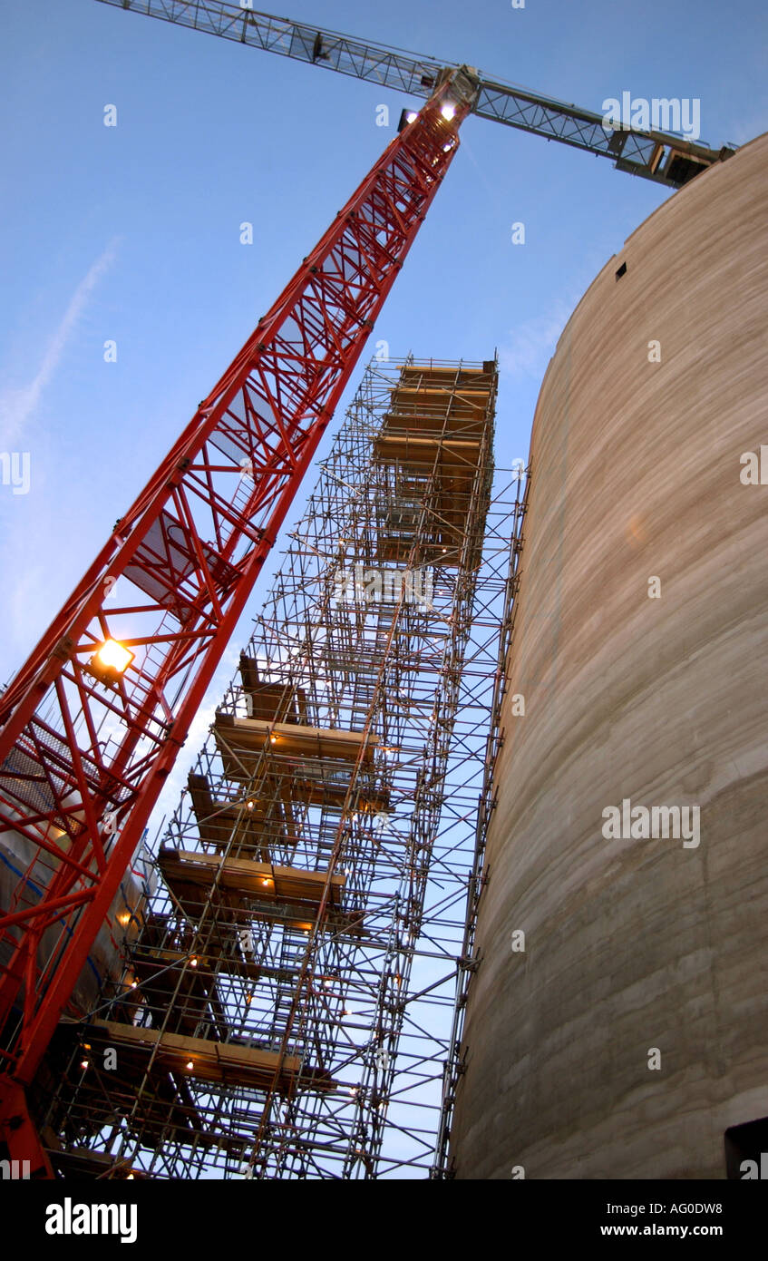 Dynamic shot looking up at a Red Crane and scaffold tower at Cottam