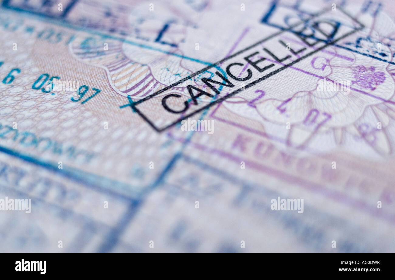 Page of a cancelled passport with European visa stamps Stock Photo Alamy