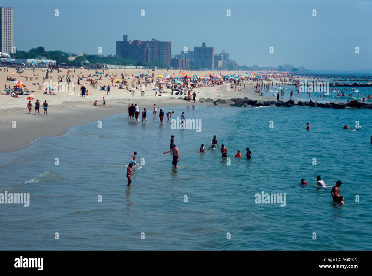 Coney island beach with bathers in the sea, seen from the Steeplechase