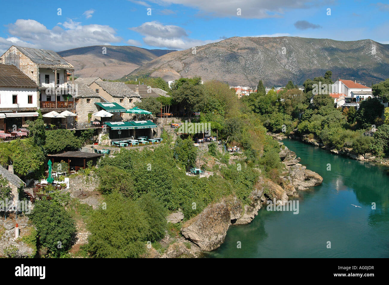 Historic Old Town of Mostar with restaurants at Neretva River Bosnia and  Herzegovina Stock Photo - Alamy