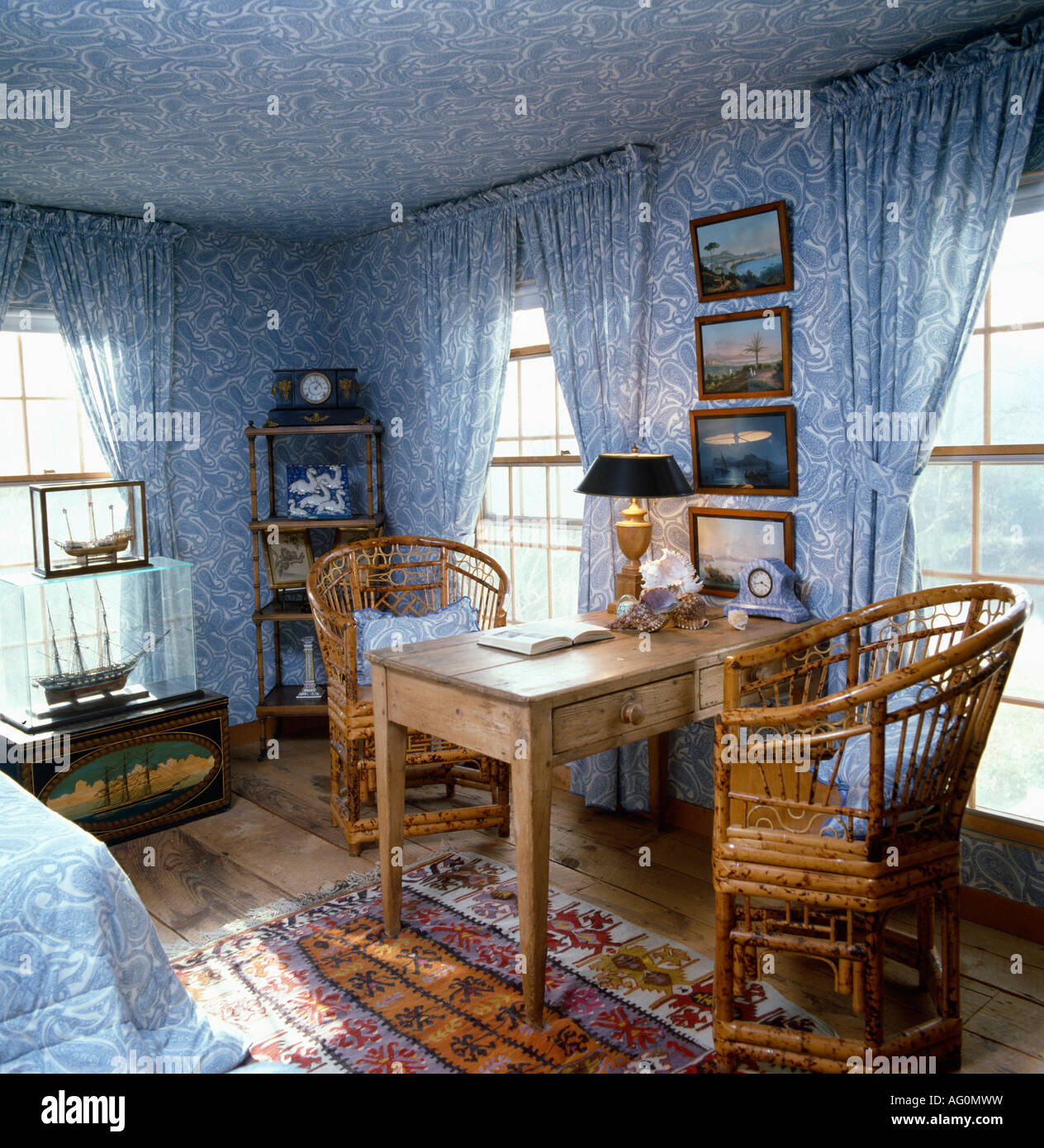 Antique bamboo chairs and small pine table in country bedroom with patterned pale blue wallpaper and matching drapes Stock Photo - Alamy Antique bamboo chairs and small pine table in country bedroom with patterned pale blue wallpaper and matching drapes Stock Photo - Alamy