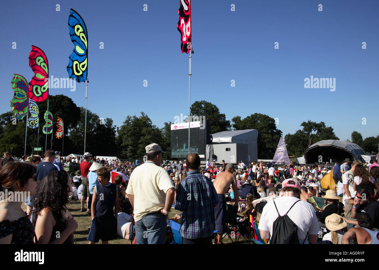 Audience and banners at Guilfest Music Festival. Guildford, Surrey, England Stock Photo
