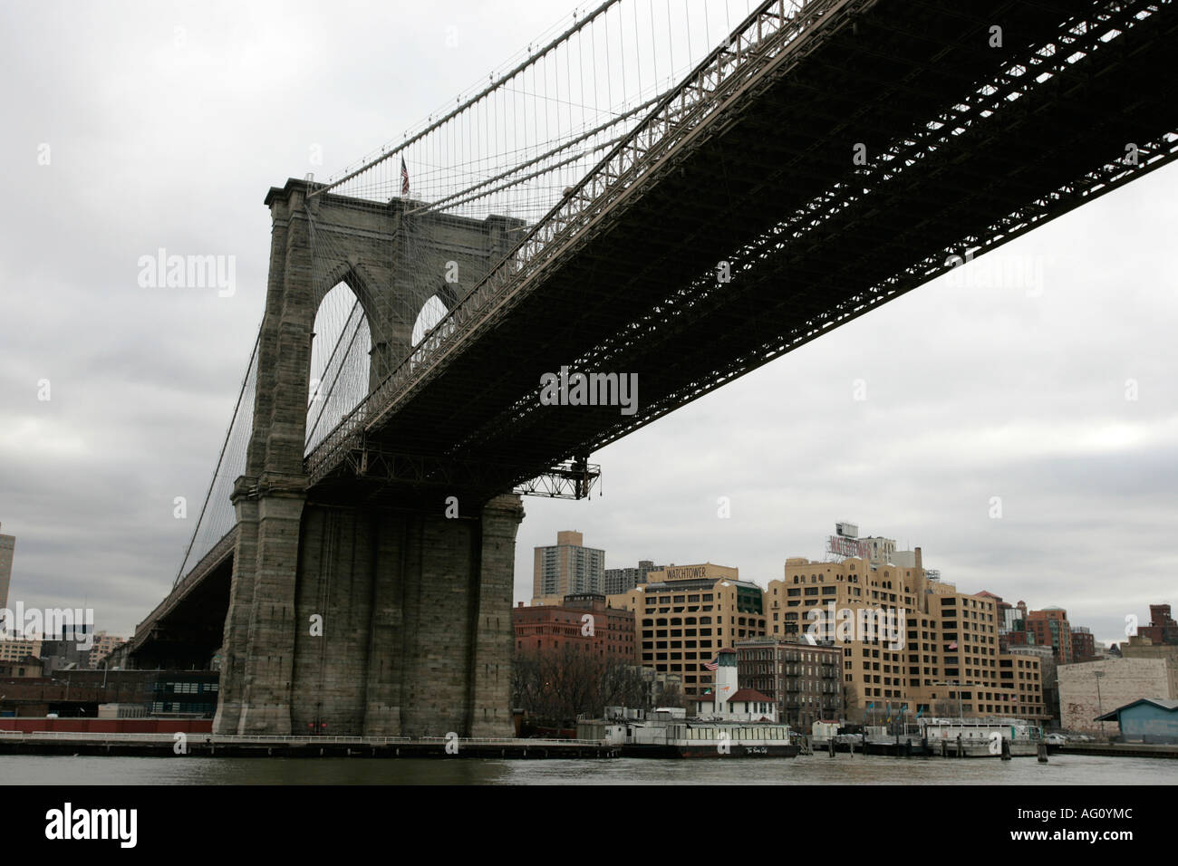 View of New York from beneath the Brooklyn Bridge shot from a boat on the east river new york city new york USA Stock Photo