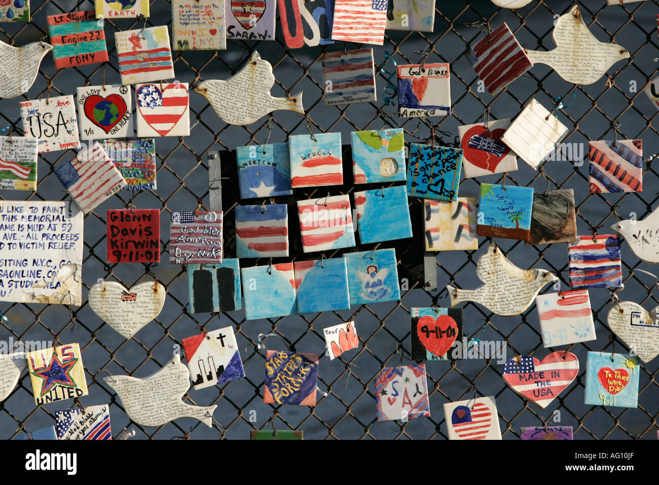9 11 tile memorial tiles made by american children and displayed on fence on 7th avenue new york city new york USA Stock Photo