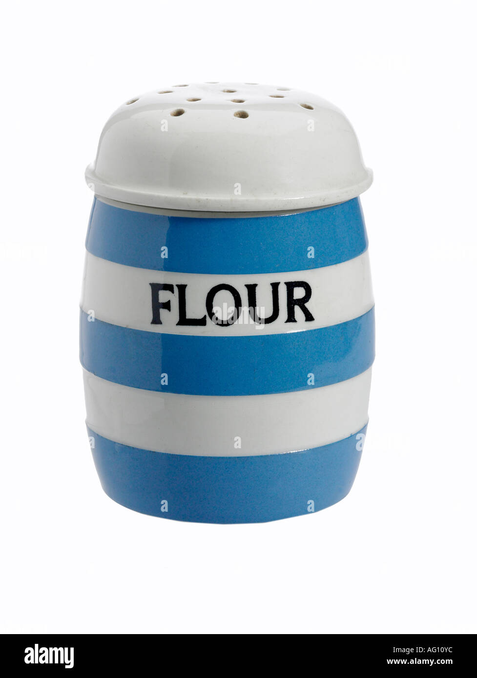 country classic blue and white kitchen ware flour shaker Stock Photo