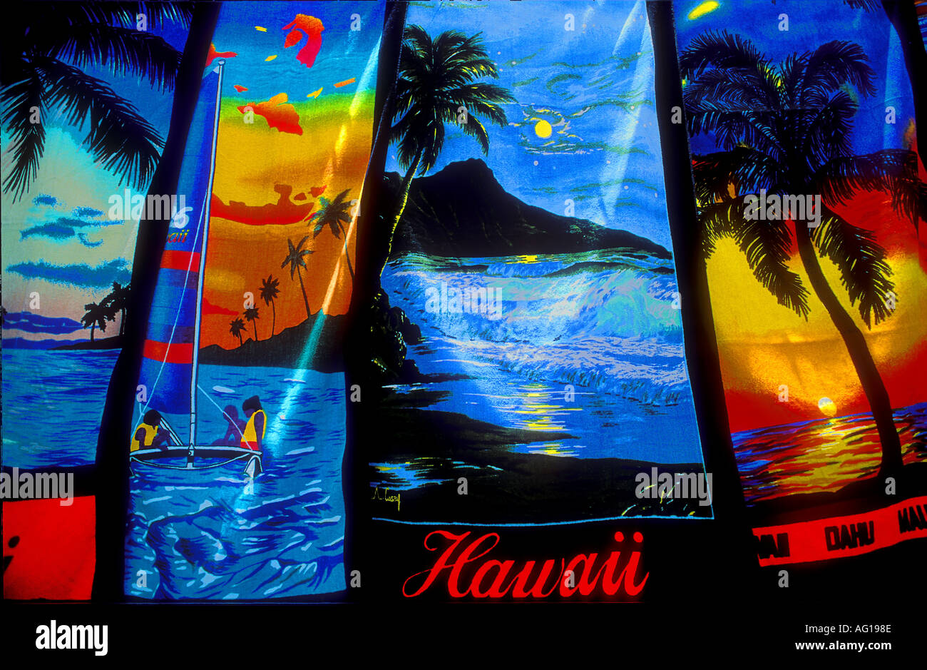 Beach Towels displayed on a Market stall near Pearl Harbour Oahu Hawaii