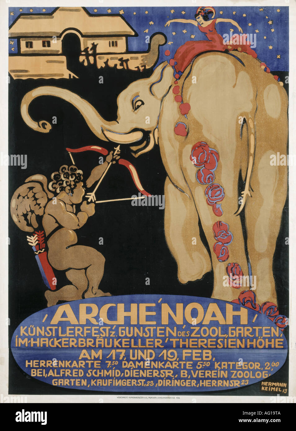 festivity, balls and parties, Hackerbräukeller Thersienhöhe, 'Arche Noah Künstlerfest', Munich, 1920er Jahre, poster, design by Hermann Keimel (1899 - 1948), , Stock Photo
