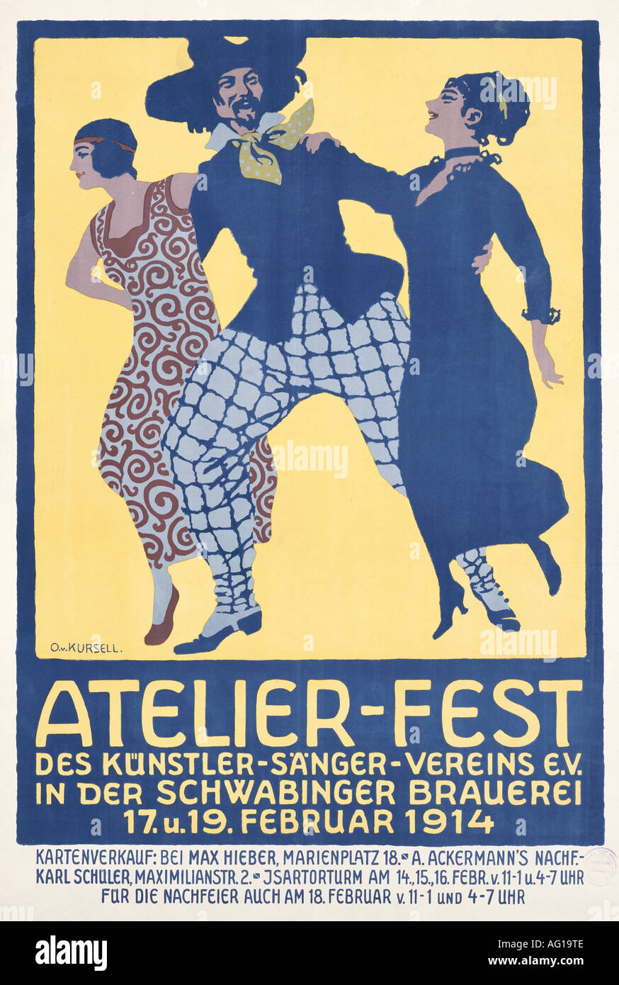 festivity, balls and parties, Schwabinger Brauerei, 'Atelier - Fest des Künstler - Sänger - Vereins e.V.',  Munich, 1914, poster, design by Otto von Kursell (1884 - 1967), , Stock Photo