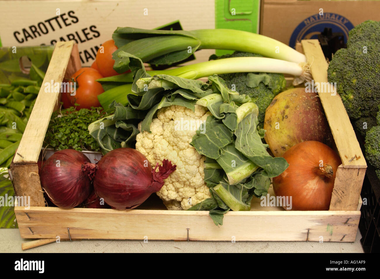 Fresh produce used to produce healthy school dinners in kitchen of UK school Stock Photo
