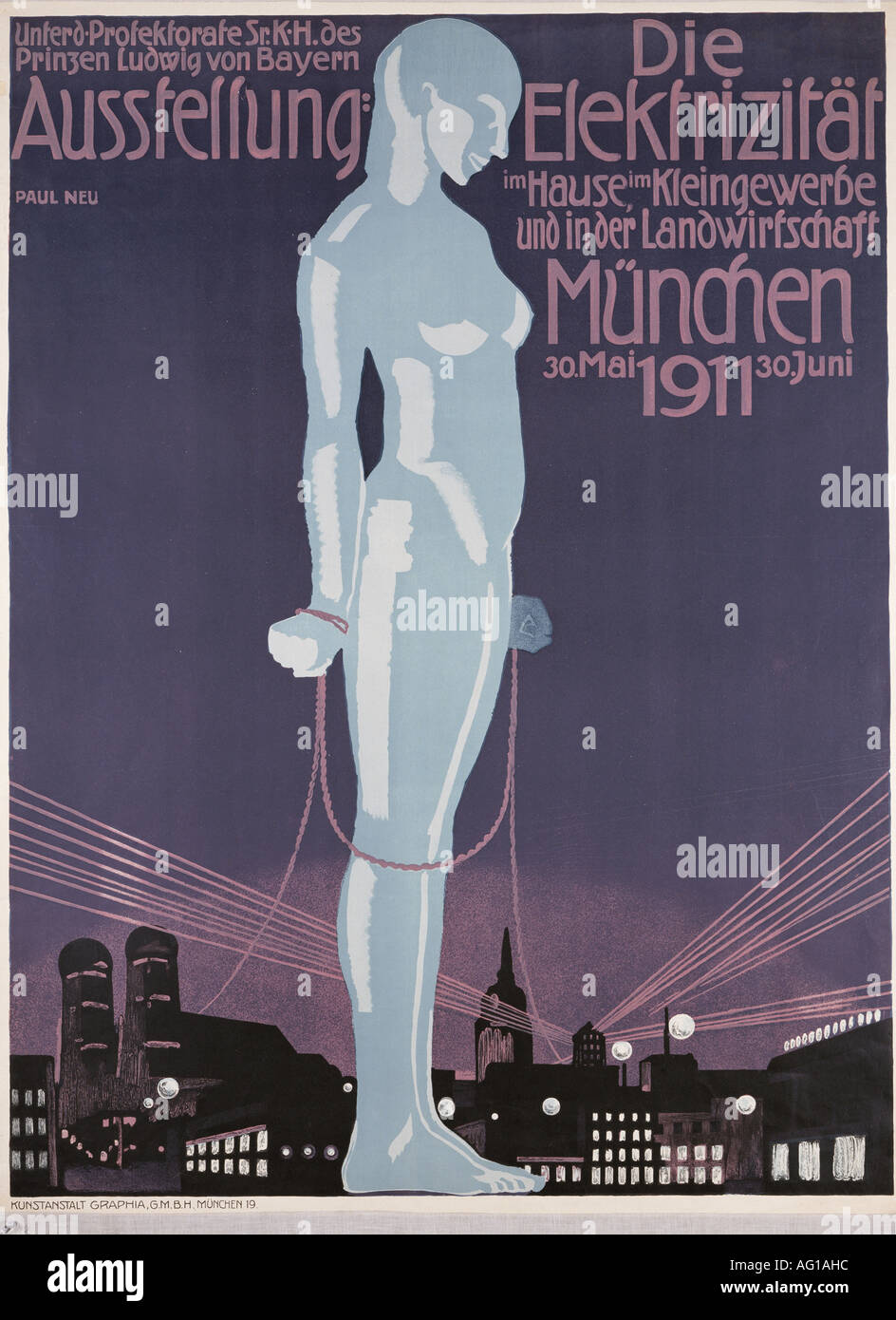 advertising, events, 'Die Elektrizität im Hause, im Kleingewerbe und in der Landwirtschaft', Munich, 30.5.1911 - 30.6.1911, poster, design by Paul Neu (1881 - 1940), , Stock Photo