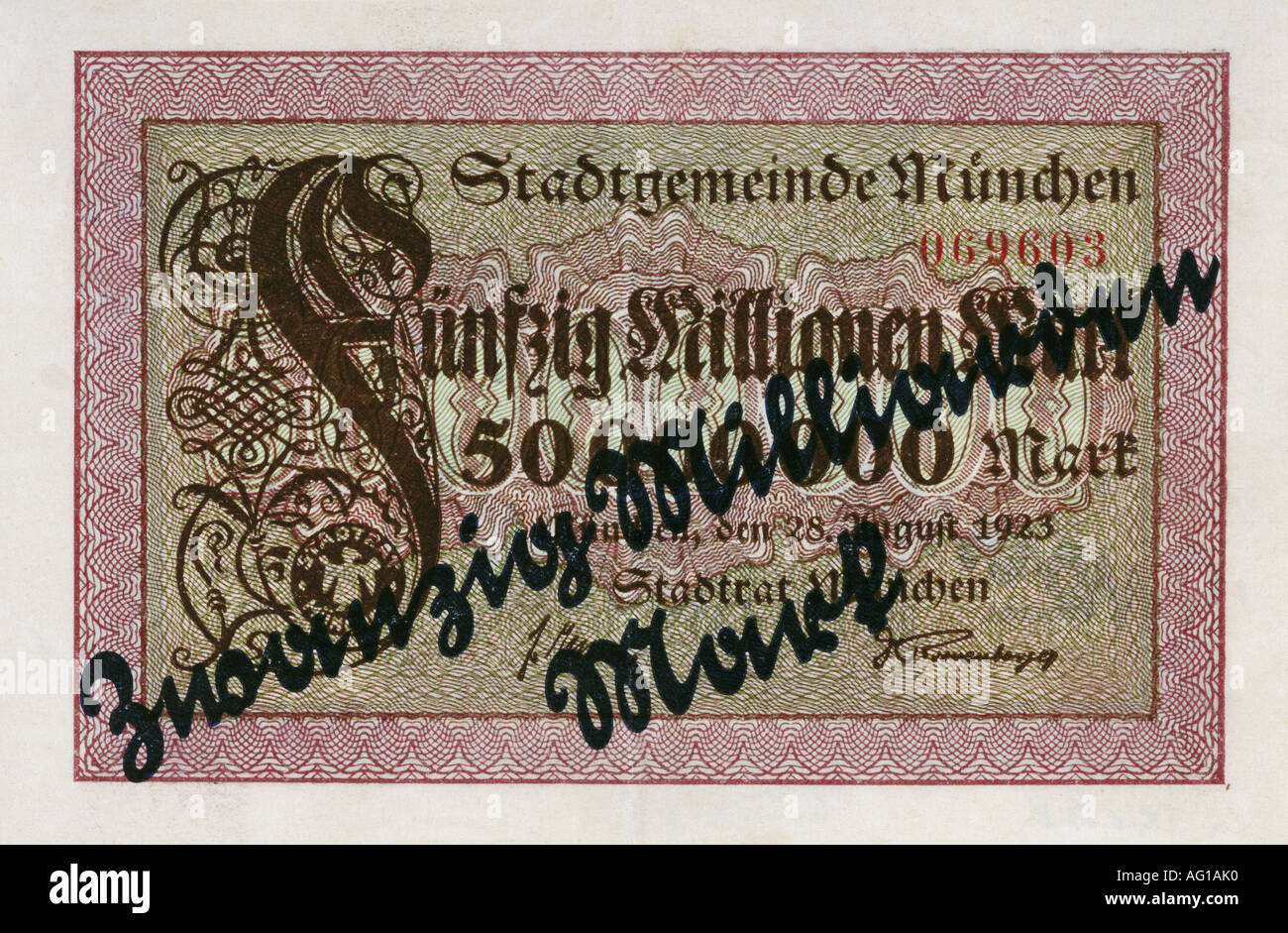 money, inflation, 50 Million Mark note with imprint 20 Billion Mark, Munich, 28.8.1923, Stock Photo