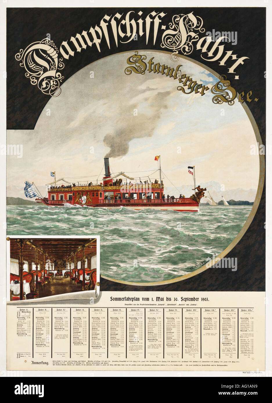 transport/transportation, navigation, sailing lists, Dampfschiff - Fahrt Starnberger See, Munich, 1903, Stock Photo