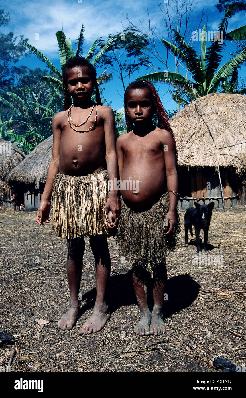 geography / travel, Indonesia, people, Dani tribe girls with bast fibre skirt,  Island New Guinea, Irian Jaya, Baliem valley, , Additional-Rights-Clearance-Info-Not-Available Stock Photo