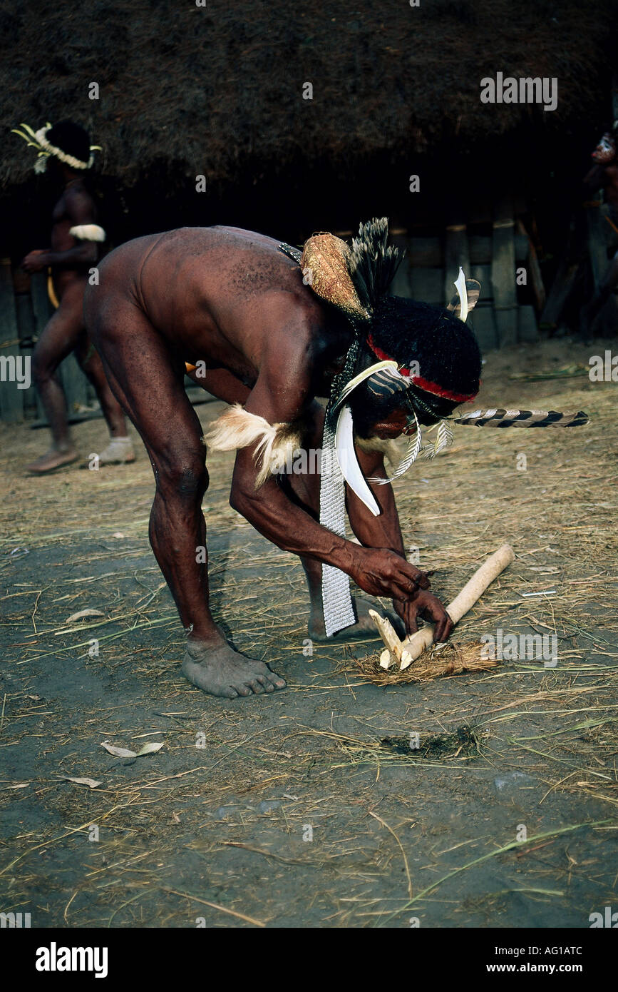 geography / travel, Indonesia, people, Dani tribe man preparing fire,  Island New Guinea, Irian Jaya, Baliem valley, , Additional-Rights-Clearance-Info-Not-Available Stock Photo