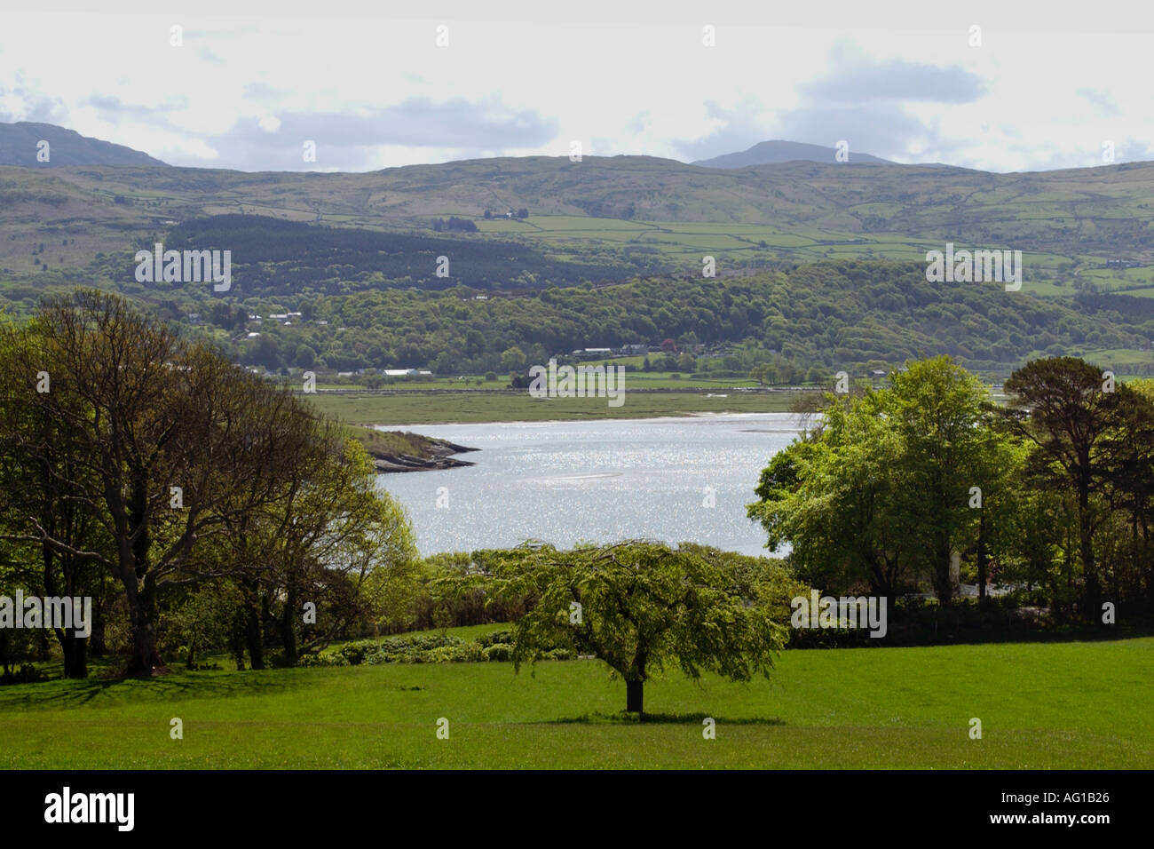 View of the estuary from Castell Deudraeth luxury hotel Portmeirion Gwynedd North Wales UK Stock Photo