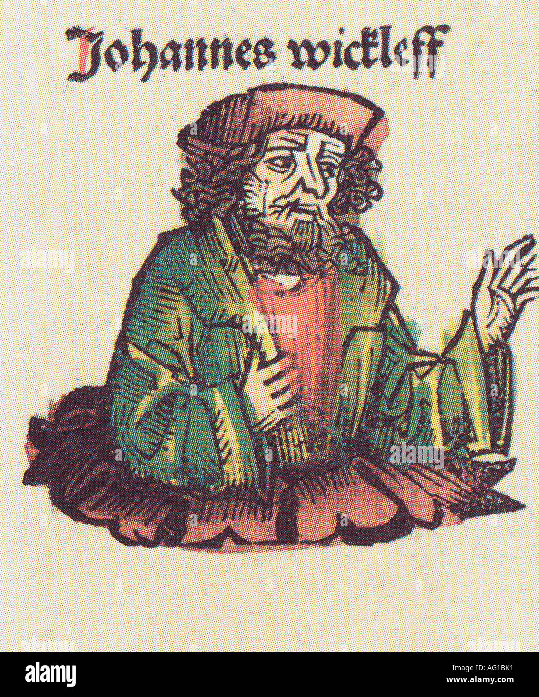 Wyclif, John, 1320/1330 - 31.12.1384, English theologian, portrait, engraving by Michael Wohlgemut or Wilhelm Pleydenwurff, world chronicle of Hartmann Schedel, Nürnberg 1493, Artist's Copyright has not to be cleared Stock Photo