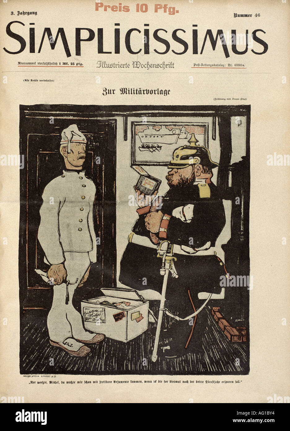 press/media, magazines, 'Simplicissimus', Munich, 3. volume, number 46, 1899, title by Eduard Thöny, 'Zur Militärvorlage', , Stock Photo