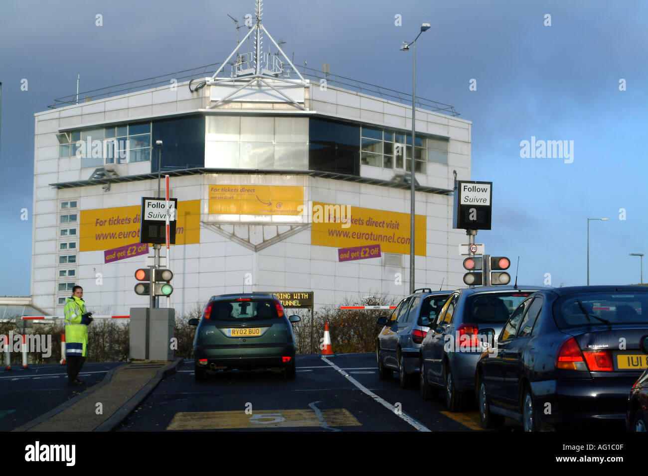 Eurotunnel Folkstone Kent England Terminal Control Car Parking Embarkation vechicles Stock Photo