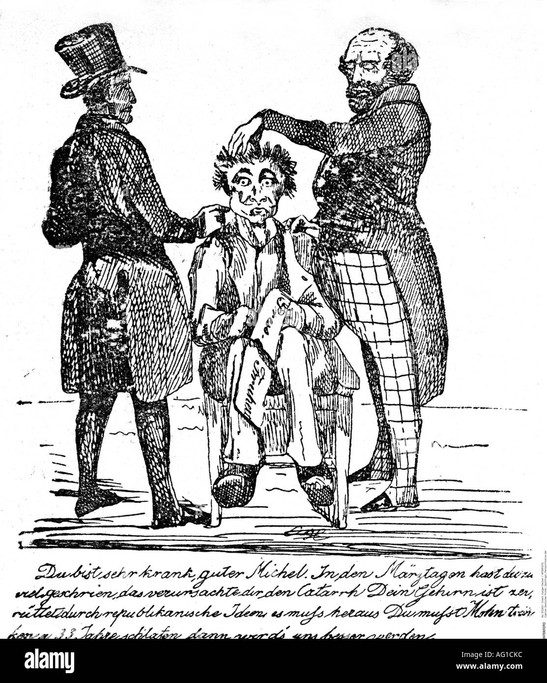 Deutscher Michel, personification of the German nation, caricature, cartoon, 'Der deutsche Michel und seine Doktoren' (The German Michel and his doctors), 1849, full length, Stock Photo