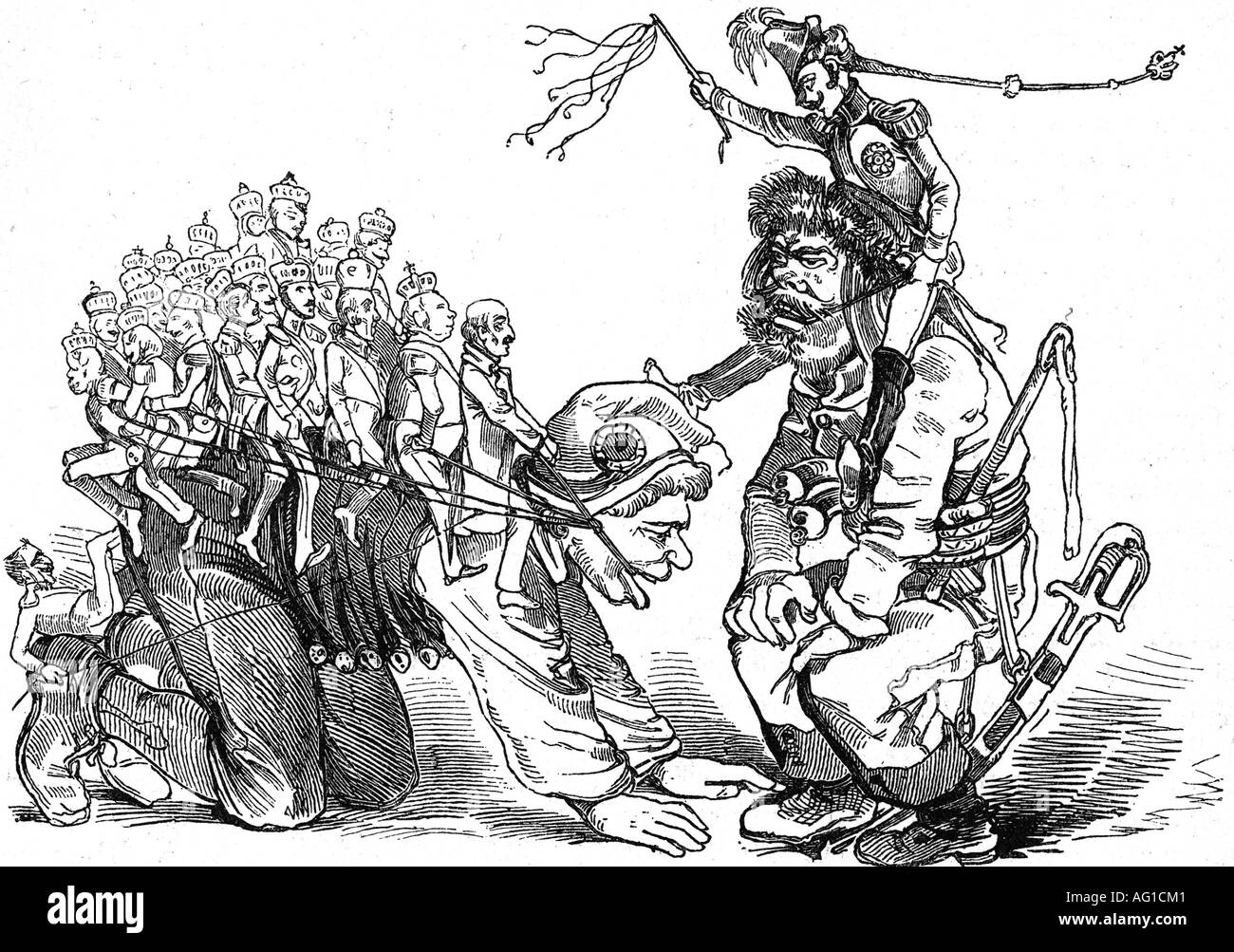 Deutscher Michel, personification of the German nation, caricature, cartoon, 'Der deutsche Michel in der Reitschule' (The German Michel at the riding school), from 'Leuchtkugel', 1849, Stock Photo