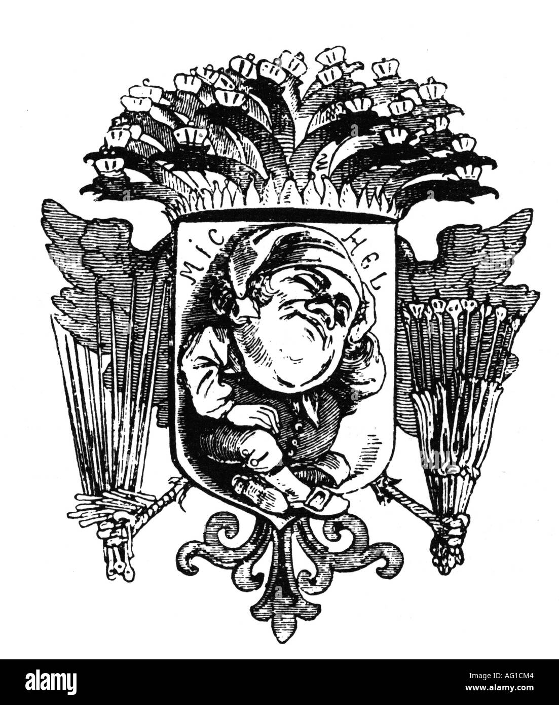 Deutscher Michel, personification of the German nation, caricature, cartoon, "Wappen für das deutsche Volk vor 1848" (Crest for the German people before 1848), from "Leuchtkugel", 1849, Stock Photo