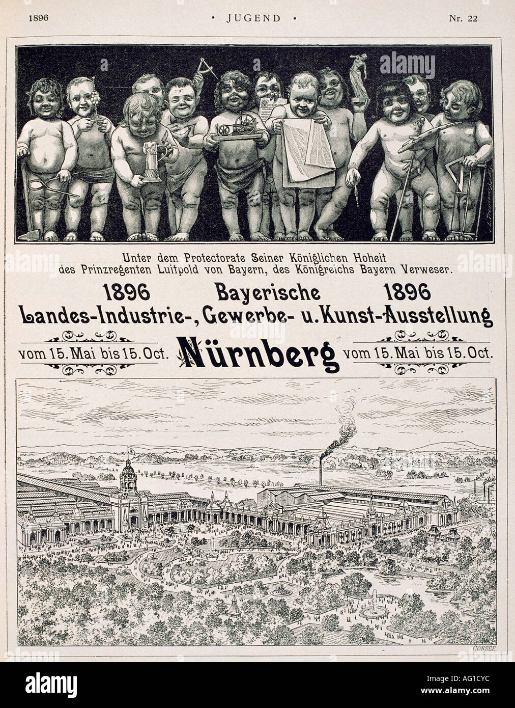 advertising, exhibitions, Bayerische Landes Industrie - Gewerbe - und Kunst - Ausstellung, Nuremberg, 15.5.1896 - 15.10.1896, advertisement, 'Jugend', , Stock Photo