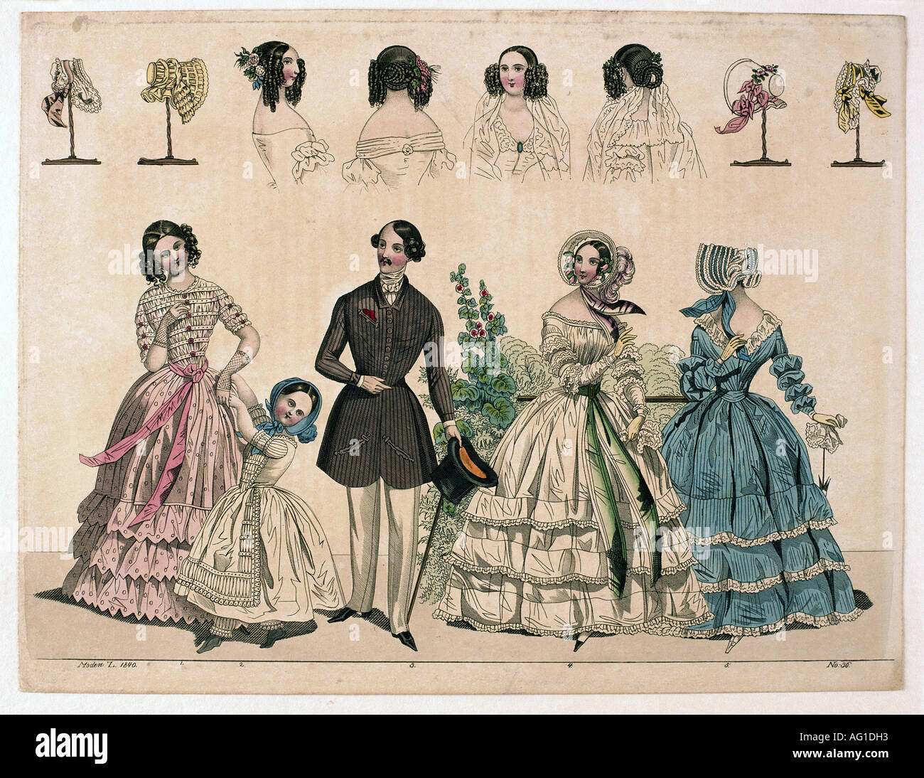 fashion, 19th century, ladies fashion, Parisian fashion, mother with two children, engraving, 1847, 'Mode de Paris', , Stock Photo