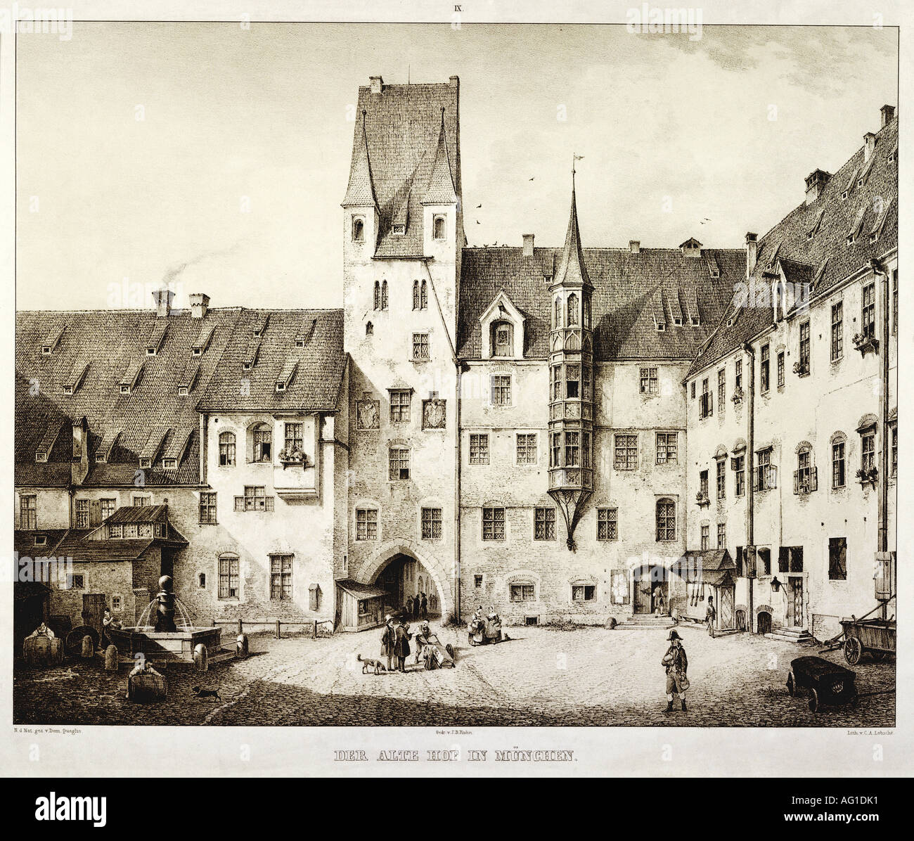 geography/travel, Germany, Munich, buildings, Alter Hof, exterior view, engraving by Carl August Lebschée (1800 - 1877), after a drawing by Domenico Quaglio (1787 - 1837), circa 1830, Stock Photo