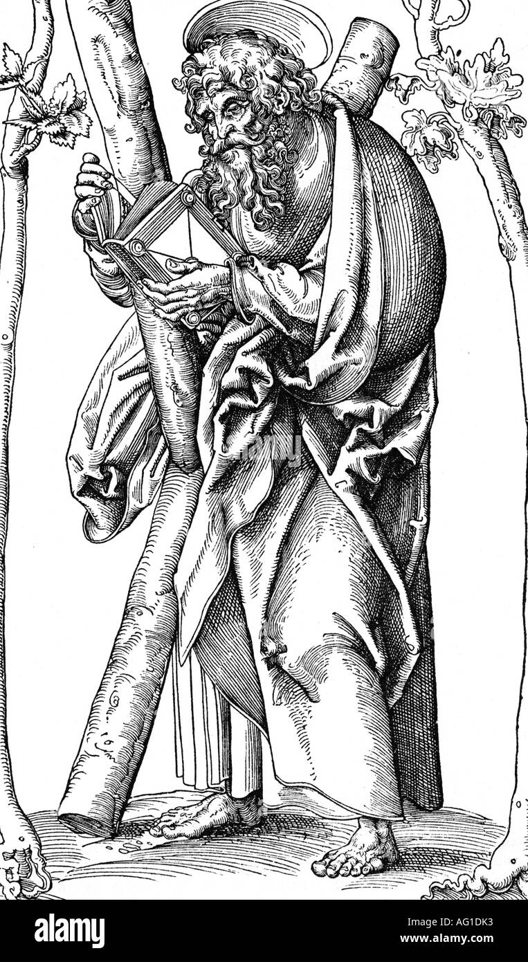 Andrew, Saint, Apostle, full body image with Saint Andrew's Cross, woodcut by Lukas Cranach, 16th century, Stock Photo