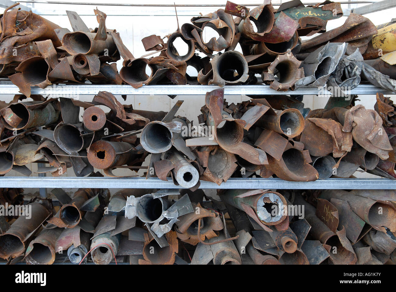 Remnants of exploded Qassam rockets that were fired from the Gaza Strip to southern Israel is displayed at the police station in Sderot town  Israel Stock Photo