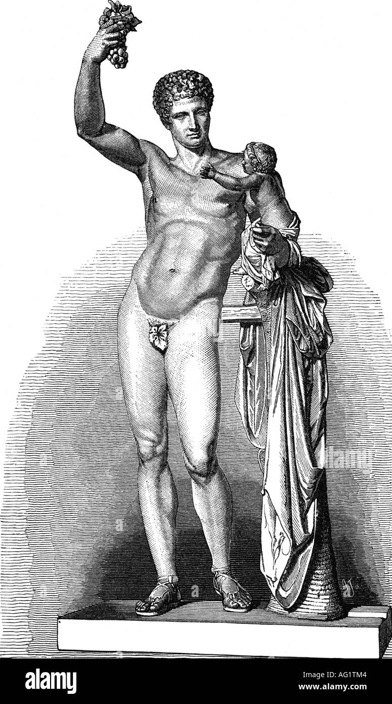 Hermes, greek god, with infant Dionysios, engraving, 19th century, after statue of Praxiteles (4th century BC), mythologie, Mercury, Mercurius, Bacchus, child, ancient world, , Stock Photo