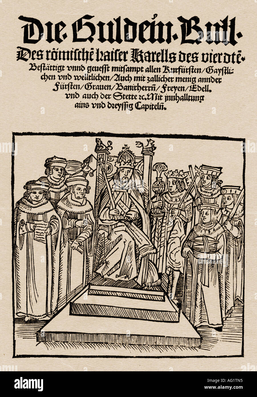 Charles IV, 14.5.1316 - 19.11.1378, Holy Roman Emperor 5.4.1355 - 19.11.1378, on the throne, woodcut, circa 15th century, print of the Golden Bull, electors, Count of Luxmebourg, King Karel I of Bohemia, Holy Roman Empire, middle ages, , Stock Photo